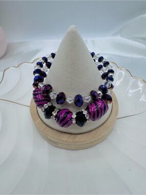 Pink Purple Zebra Print Beaded Bracelet Set Glam Sparkly Jewelry